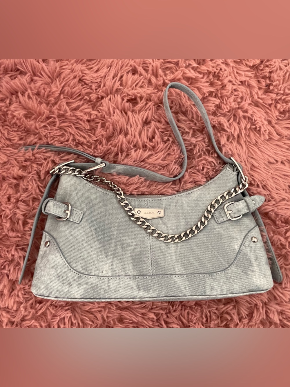 Aldo Light Blue Denim Chain-Trim Shoulder Bag